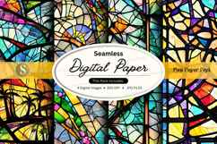Seamless digital paper texture with vibrant stained glass pa Product Image 1