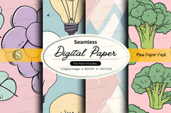 Seamless digital paper pack with lightbulb and broccoli text Product Image 1