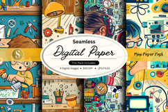 Seamless digital paper pack with hand-drawn doodles and retr Product Image 1