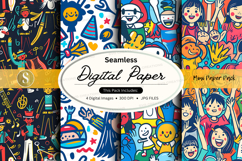 Seamless Digital Paper Pack with Cartoon Characters and Brig Product Image 1