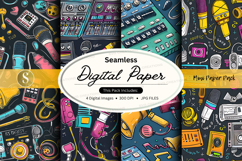 Seamless digital paper pack with retro tech gadgets and vibr Product Image 1