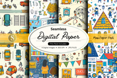 Seamless digital paper pack with city travel icons and vinta Product Image 1