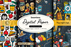 Seamless digital paper texture with retro cartoon kitchen ic Product Image 1