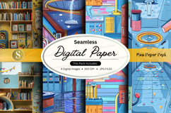 Seamless digital paper texture with vintage bookstore and ci Product Image 1