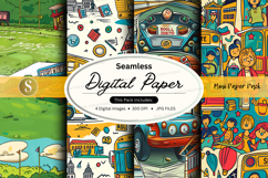 Seamless digital paper pack with colorful retro travel and s Product Image 1