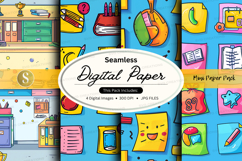 Seamless digital paper pack with school supplies and happy e Product Image 1