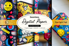 Seamless digital paper pack with colorful retro smiley and g Product Image 1