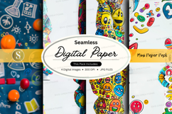 Seamless digital paper pack with colorful geometric and emoj Product Image 1