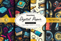 Seamless Digital Paper Pack with Office Supplies and Retro D Product Image 1