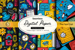 Seamless digital paper pack with retro cartoon doodles and s Product Image 1