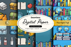 Seamless digital paper textures with books and school suppli Product Image 1