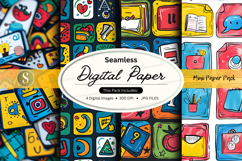 Seamless digital paper pattern with colorful icons and textu Product Image 1