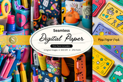 Seamless digital paper pack with vibrant school supplies and Product Image 1