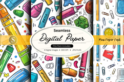 Seamless digital paper pack with colorful school supplies an Product Image 1
