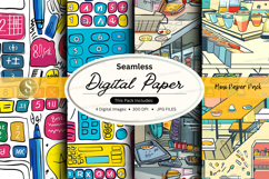 Seamless digital paper pack with colorful office icons and s Product Image 1