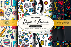 Seamless digital paper pack with school and office doodles o Product Image 1