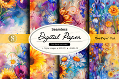 Seamless Digital Paper Pack with Floral Watercolor Patterns Product Image 1