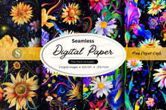 Seamless floral digital paper pack with vibrant watercolor f Product Image 1