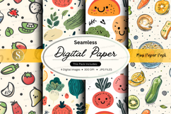 Seamless digital paper pack with fruit and veggie illustrati Product Image 1