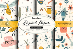 Seamless floral digital paper pack with bees and plants Product Image 1