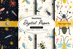 Seamless digital paper pack with insects and stars backgroun Product Image 1