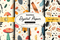 Seamless digital paper pack with nature insects and mushroom Product Image 1