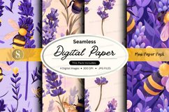 Seamless digital paper floral lavender bee pattern backgroun Product Image 1