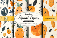 Seamless orange digital paper pack with cute faces and patte Product Image 1