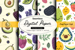 Seamless digital paper pack with avocado kiwi berry patterns Product Image 1