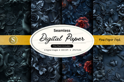 Seamless black floral digital paper texture pack with roses Product Image 1