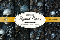 Seamless black floral digital paper texture with skulls and Product Image 1
