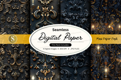 Seamless dark digital paper texture with ornate gold pattern Product Image 1