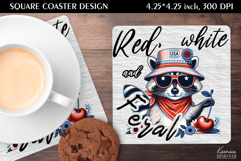 Cute Raccoon| 4th of July |Patriotic Quotes Square Coaster Product Image 1