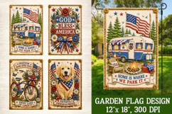Patriotic 4-pack garden flag set featuring a camper, God Bless America sign, bicycle, and golden retriever with American flag accents, floral details, and stitched embroidery style for outdoor patriotic decor. 