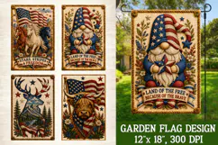 Patriotic 4-pack garden flag set featuring a rooster, gnome, highland cow, and deer with American flag accents, floral details, and stitched embroidery style for outdoor patriotic decor.