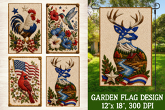 Patriotic 4-pack garden flag set featuring a rooster, hummingbird, cardinal, and deer with American flag accents, floral details, and stitched embroidery style for outdoor patriotic decor.