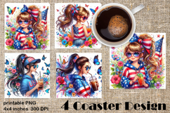 4 of July Patriotic girl, American Flag square coasters Product Image 1
