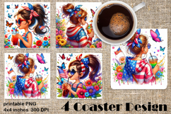 4 of July Patriotic girl, American Flag square coasters Product Image 1