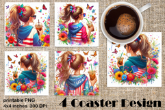 4 of July Patriotic girl, American Flag square coasters Product Image 1