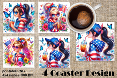 4 of July Patriotic girl, American Flag square coasters Product Image 1