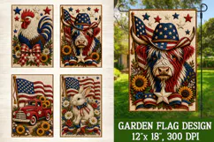 Patriotic 4-pack garden flag set featuring a rooster, highland cow, cowboy boots, and rabbit with American flag accents, floral details, and stitched embroidery style for outdoor patriotic decor.
