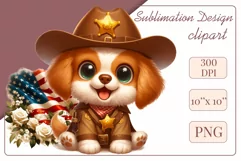 Cute and adorable cartoon puppy on American flag background with white flowers. Perfect for 4th of july Independence Day. Create a joyful mood with this adorable character.