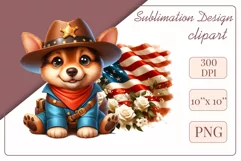 Cute and adorable cartoon puppy on American flag background with white flowers. Perfect for 4th of july Independence Day. Create a joyful mood with this adorable character.