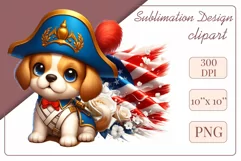 Cute and adorable cartoon puppy on American flag background with white flowers. Perfect for 4th of july Independence Day. Create a joyful mood with this adorable character.