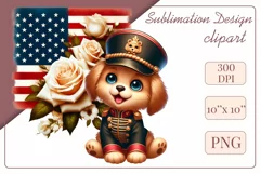 Cute and adorable cartoon puppy on American flag background with white flowers. Perfect for 4th of july Independence Day. Create a joyful mood with this adorable character.