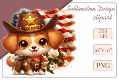 Cute and adorable cartoon puppy on American flag background with white flowers. Perfect for 4th of july Independence Day. Create a joyful mood with this adorable character.