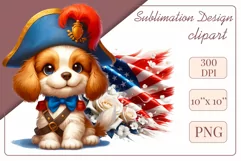  Cute and adorable cartoon puppy on American flag background with white flowers. Perfect for 4th of july Independence Day. Create a joyful mood with this adorable character.