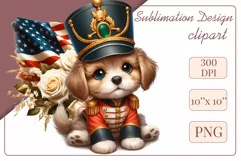 Cute and adorable cartoon puppy on American flag background with white flowers. Perfect for 4th of july Independence Day. Create a joyful mood with this adorable character.