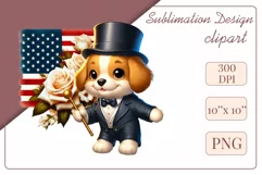 Cute and adorable cartoon puppy on American flag background with white flowers. Perfect for 4th of july Independence Day. Create a joyful mood with this adorable character.