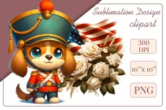 Cute and adorable cartoon puppy on American flag background with white flowers. Perfect for 4th of july Independence Day. Create a joyful mood with this adorable character.